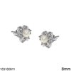 Silver 925 Earrings Rosette with Zircon and Freshwater Pearl 8mm, Rhodium Plated