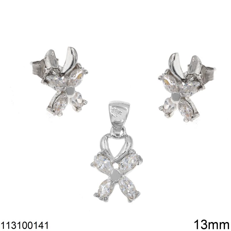 Silver 925 Set of Pendant and Stud Earrings Flower with Zircon 13mm