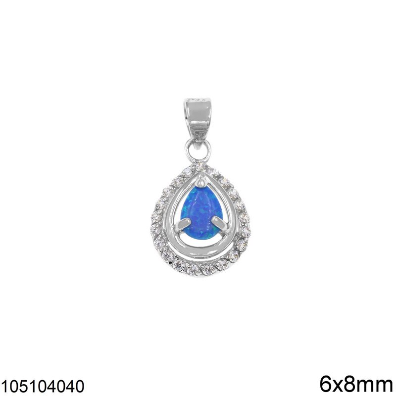 Silver 925 Pendant Pearshape Rosette 12x14mm with Opal 6x8mm, Rhodium Plated