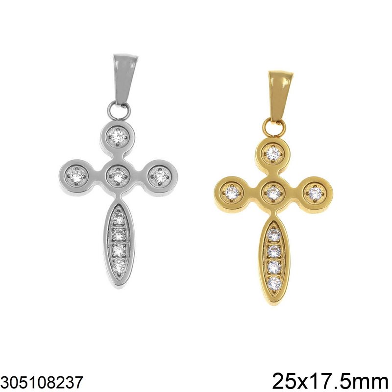 Stainless Steel Pendant Cross with Stones 25x17.5mm