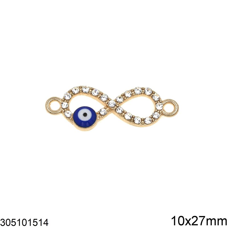 Casting Spacer Infinity Symbol with Rhinestones and Enameled Evil Eye 10x27mm, Gold plated NF