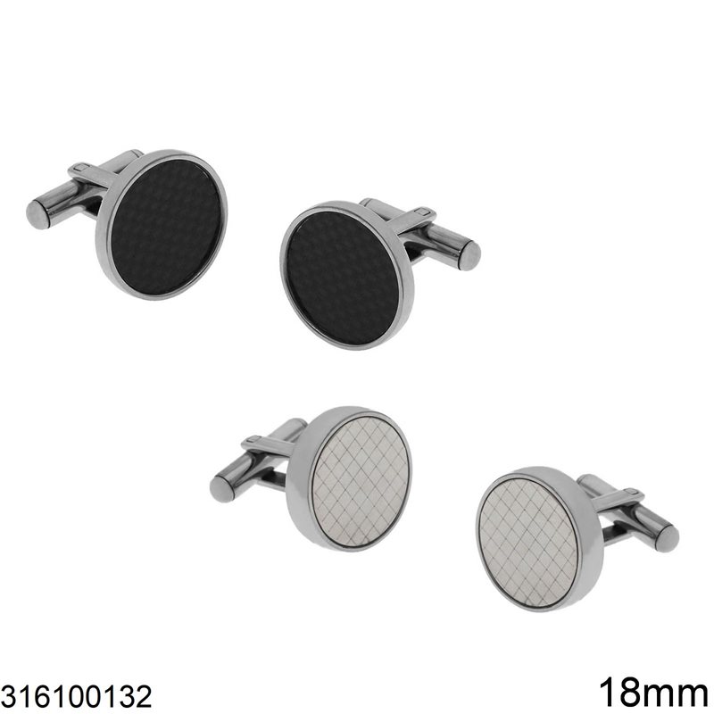 Stainless Steel Cufflinks Round Plate with Checkered Pattern 18mm