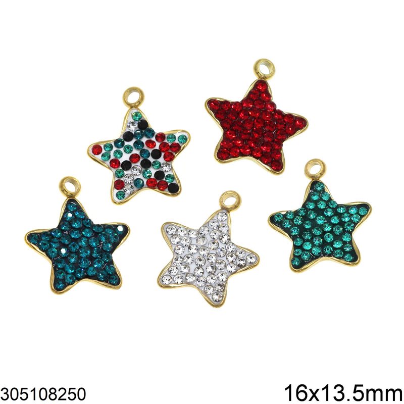 Stainless Steel Pendant Star with Rhinestones 16x13.5mm