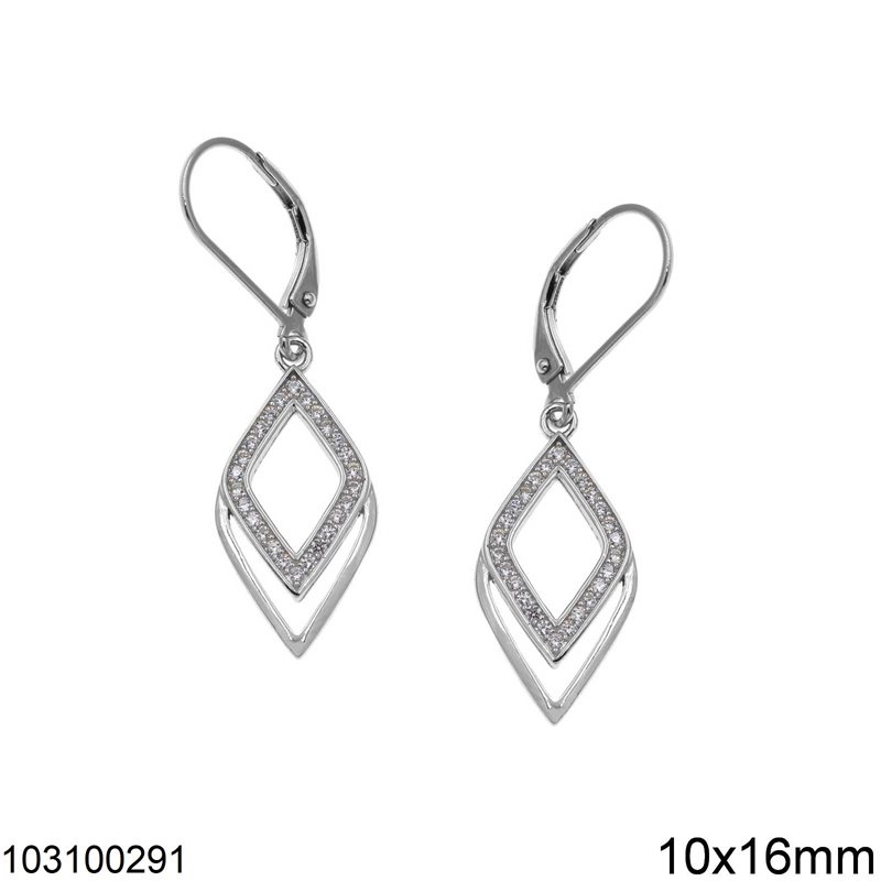 Silver 925 Hook Earrings Hanging Rhombus with Zircon 10x16mm