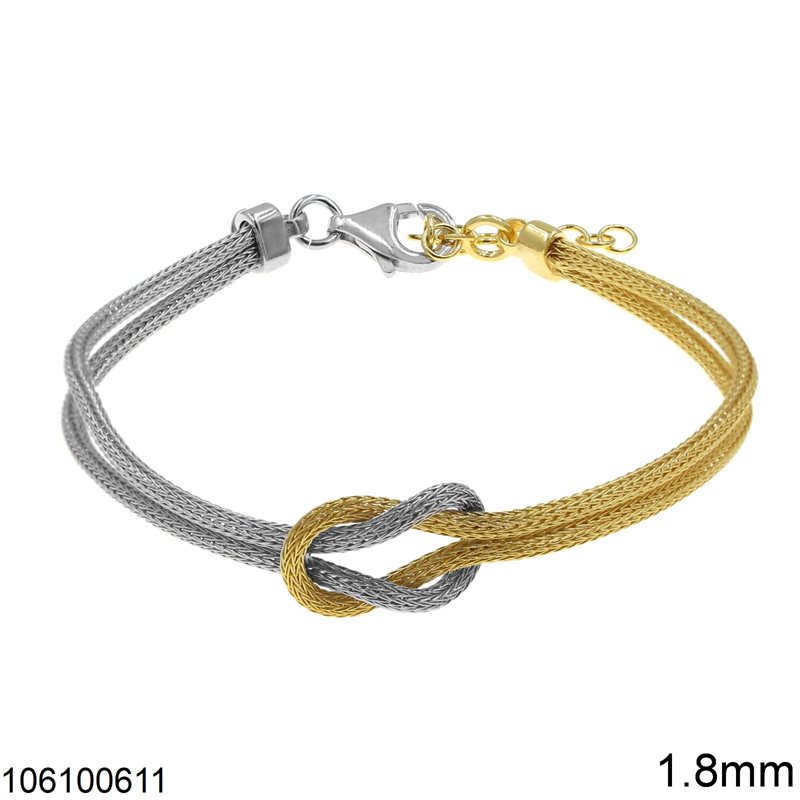 Silver 925 Bracelet Round Mesh Double Chain with Knot 1.8mm, Two Tone
