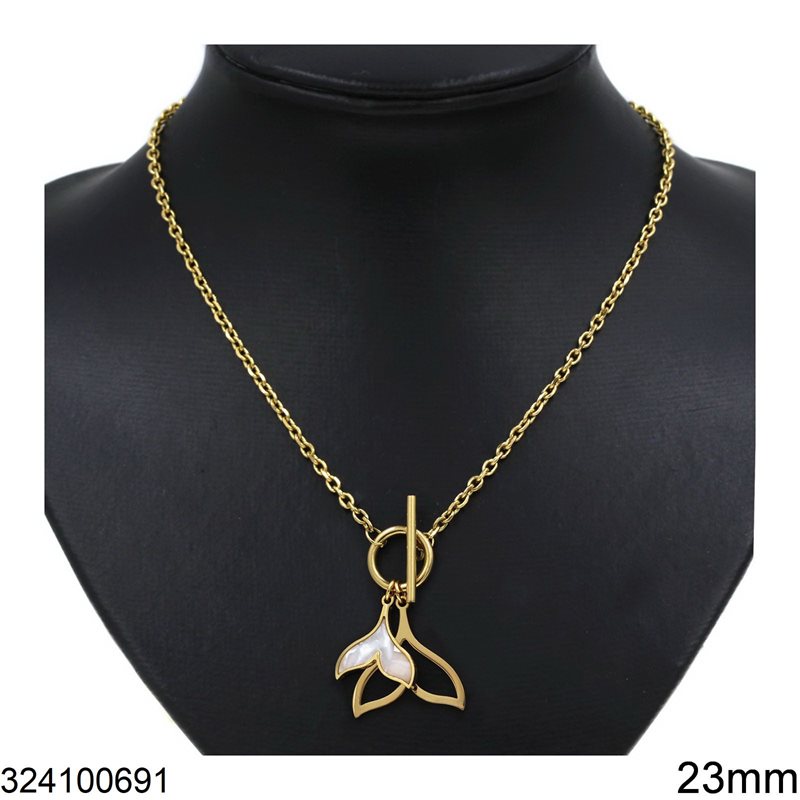 Stainless Steel Link Chain Necklace Whale Tail with Shell 18mm and Outline 23mm