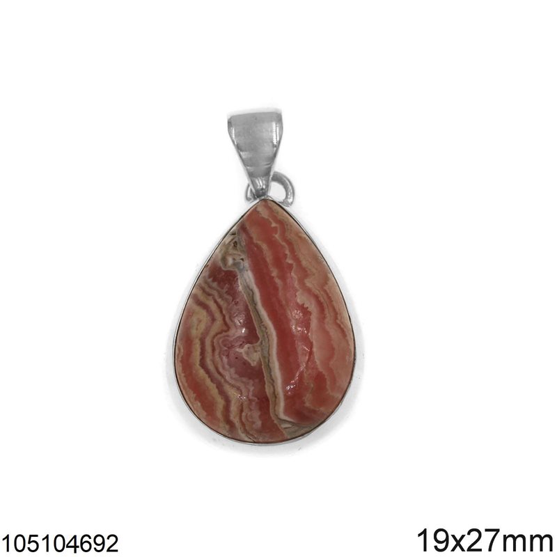 Μενταγιόν Ασημένιο 925 με Δάκρυ Ημιπολύτιμη Πέτρα 19x27mm, Ροδονίτης