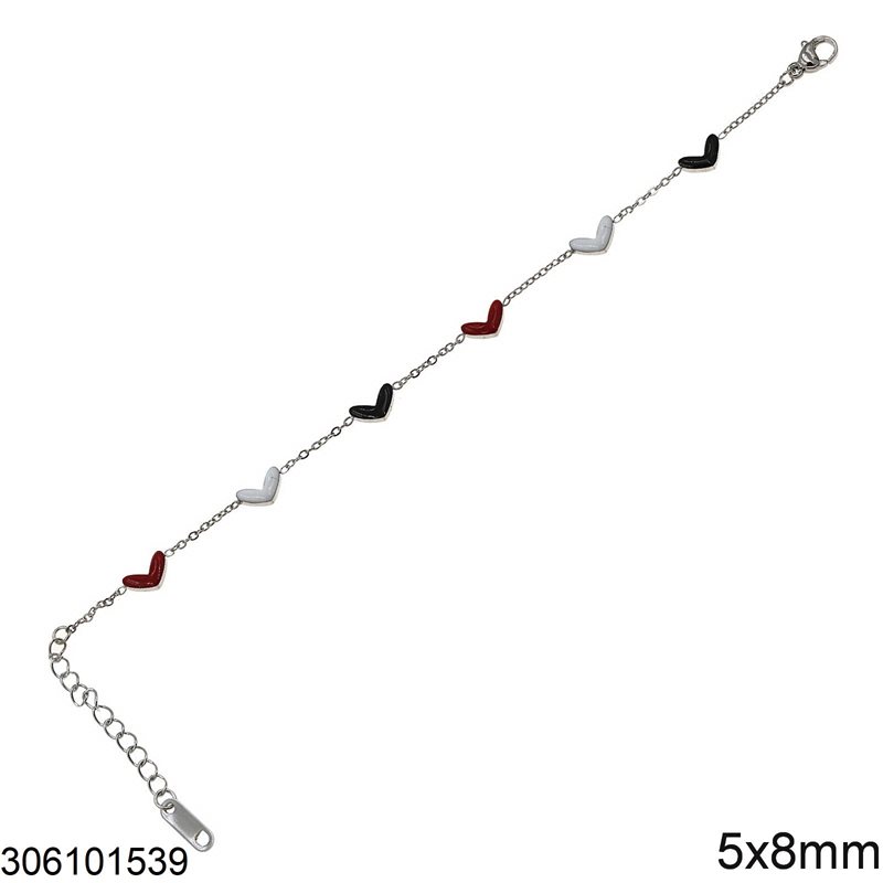 Stainless Steel Bracelet Heart with Enamel 5x8mm, Multicolor