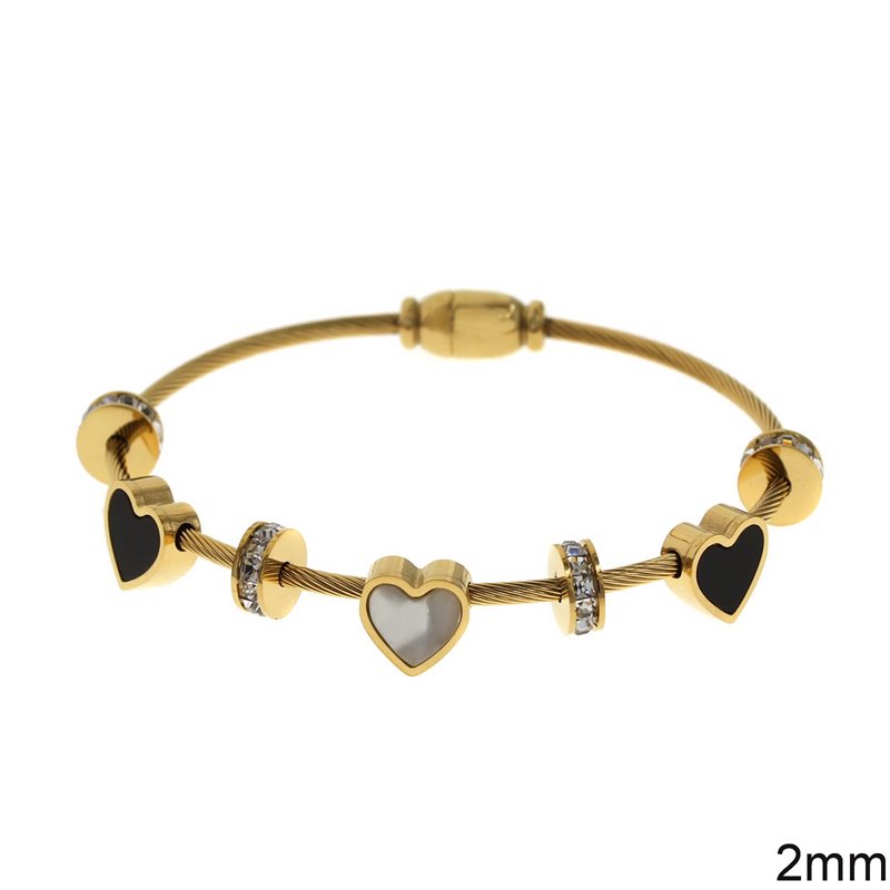 Stainless Steel Bracelet Wire 2mm with Samballa Rodelle and Hearts 9mm, Gold