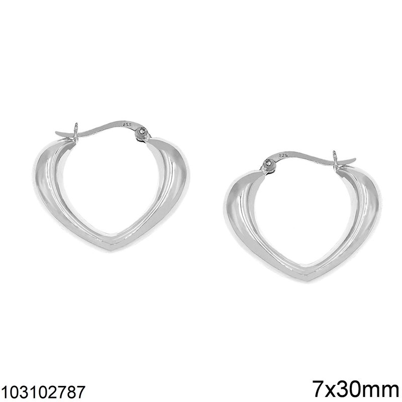 Silver 925 Hoop Earrings in Heart Shape 7x30mm