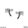 Silver 925 Stud Earrings Mosquito with Multicolor Zircon 10mm, Rhodium Plated