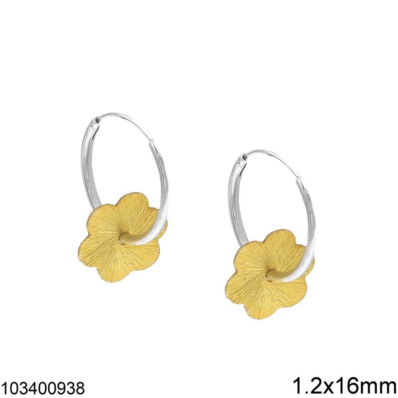 Silver 925 Hoop Earrings 1.2x16mm with Gold Plated Daisy Satin Finish 12mm
