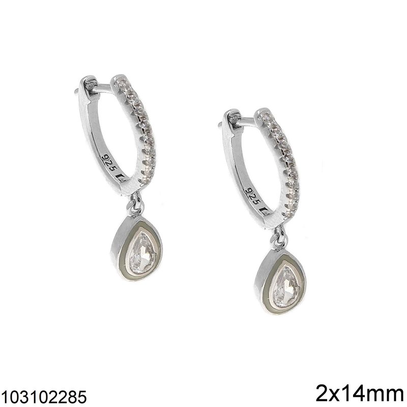 Silver 925 Hoop Earrings 2x14mm and Hanging Peashape with Zircon 8mm