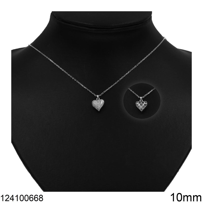 Silver 925 Necklace Heart Half Shine Finish Half Zircon 10mm, Rhodium Plated