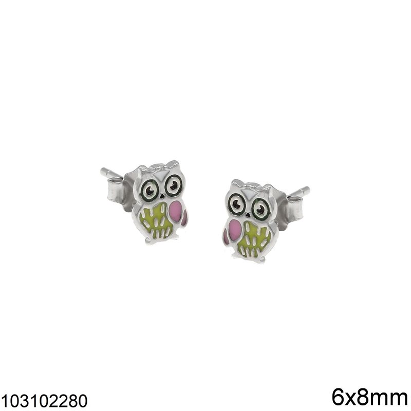 Silver 925 Stud Earrings Owl with Enamel 6x8mm