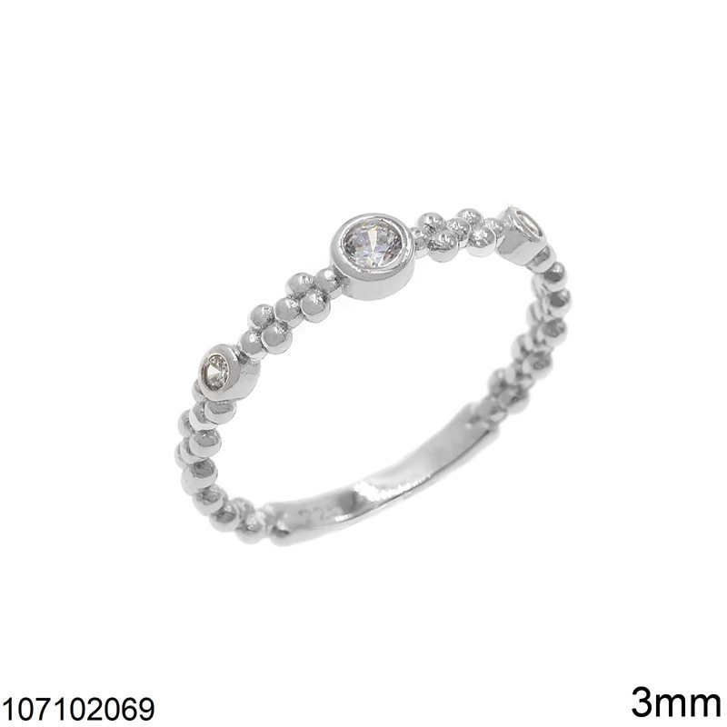 Silver 925 Ring with Balls and Zircon 3mm