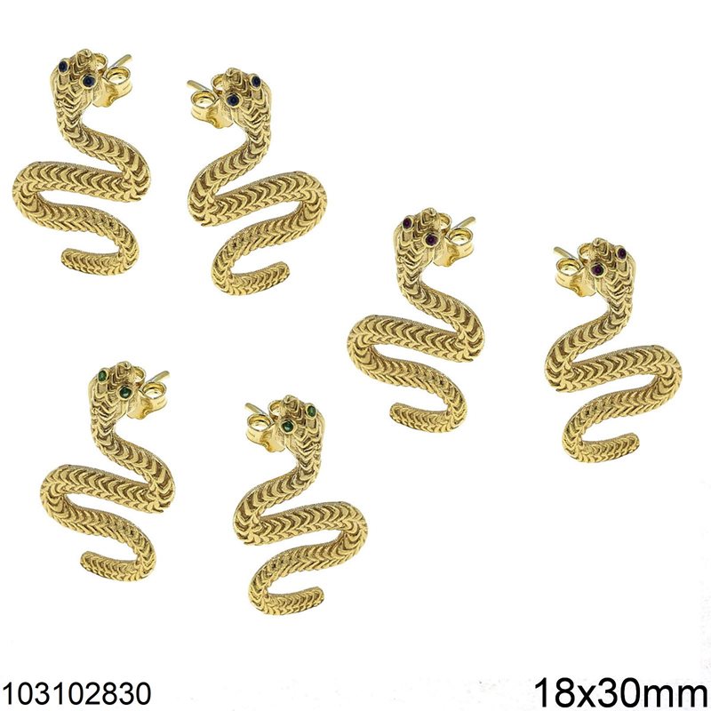 Σκουλαρίκια Ασημένια 925 Καρφάκι Φίδι Σαγρέ με Μάτια Πέτρες 18x30m