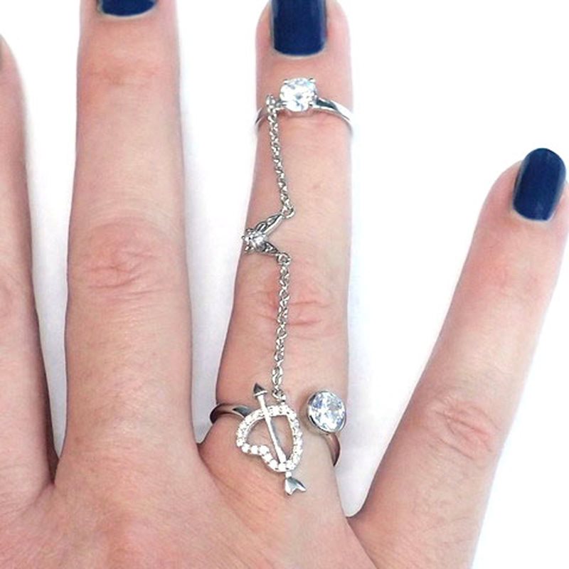 Silver 925 Double Ring with Chain and Heart