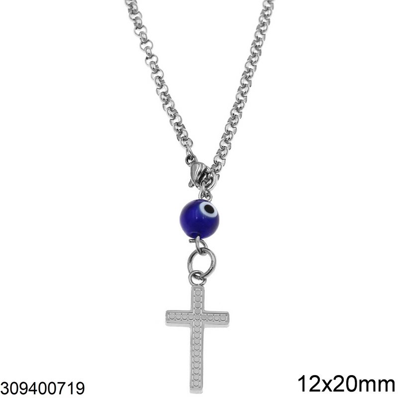 Stainless Steel Pendant Cross 12x20mm with Evil Eye, 12-14cm