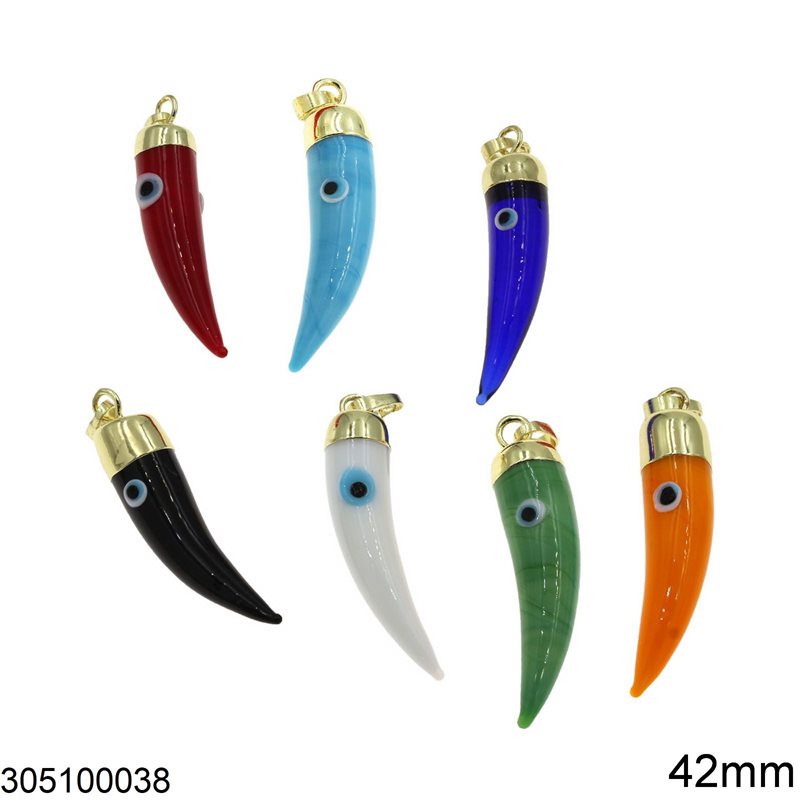 Glass Pendant Horn with Evil Eye 42mm