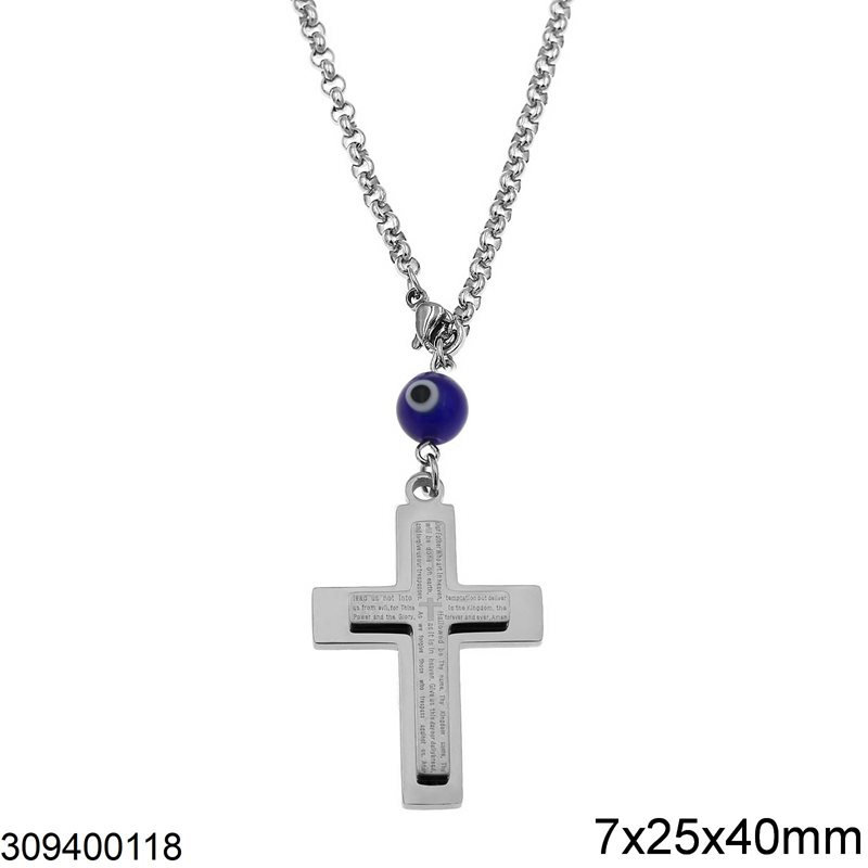 Stainless Steel Pendant Cross 7x25x40mm with Evil Eye, 12-14cm