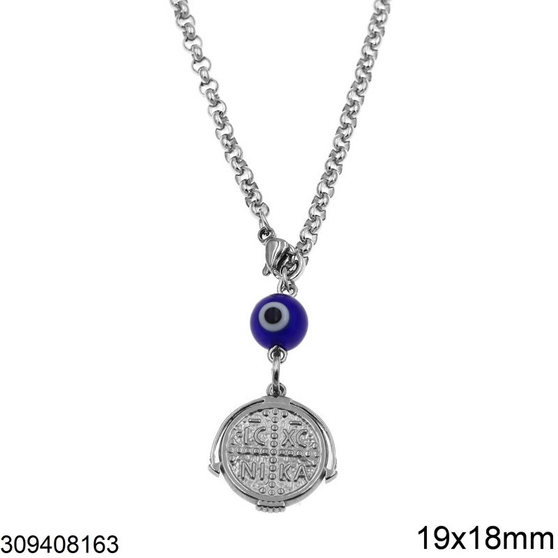 Stainless Steel Pendant Constantinato Coin 19x18mm with Evil Eye, 12-14cm