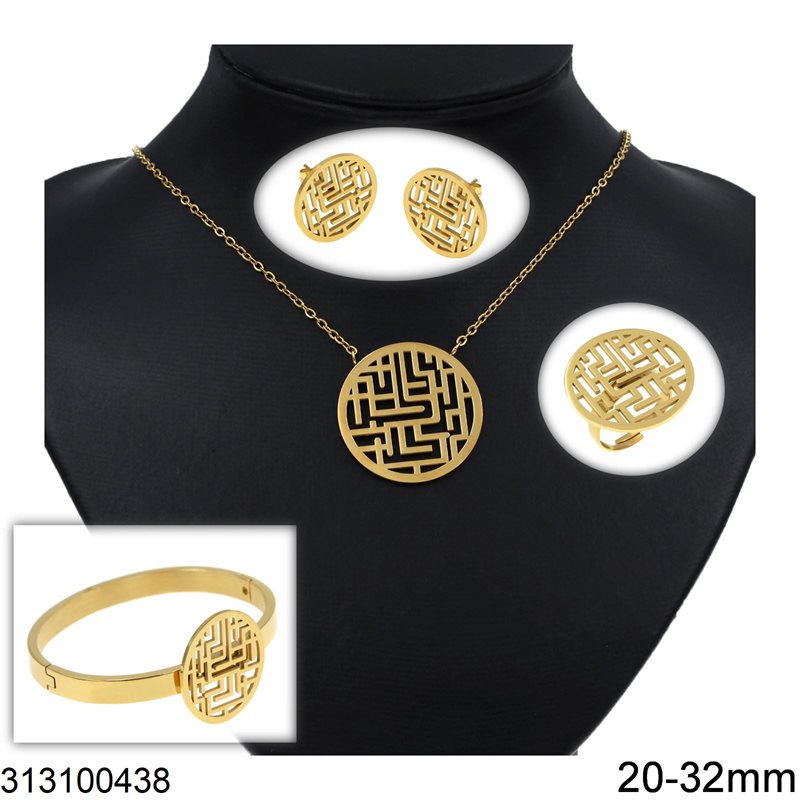 Stainless Steel Set of Pendant, Bracelet, Stud Earrings and Ring Disks with Maze 20-32mm, Gold