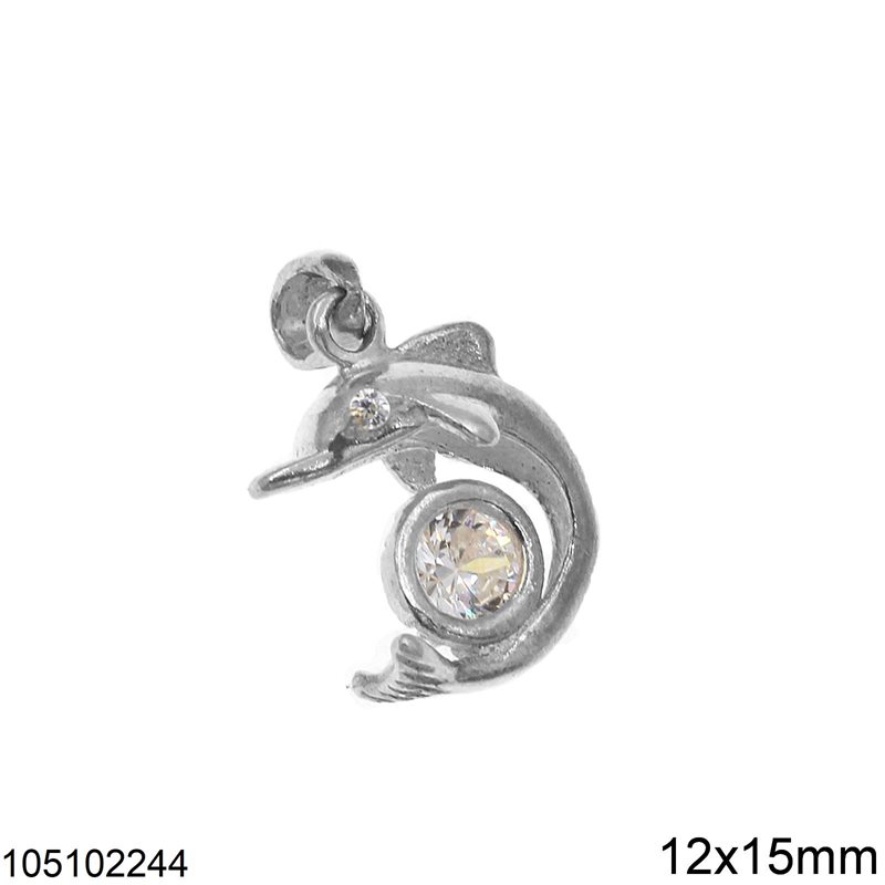 Silver 926 Pendant Dolphin with Zircon 12x15mm