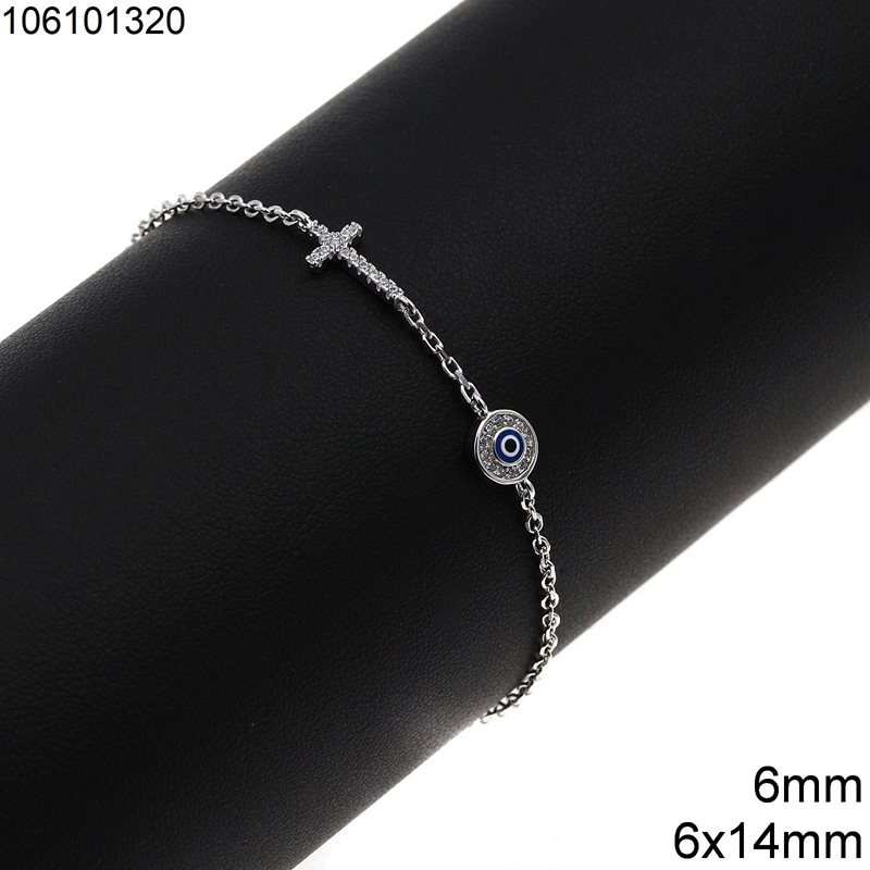 Silver 925 Bracelet Cross with Zircon 6x14mm and Evil Eye with Zircon 6mm