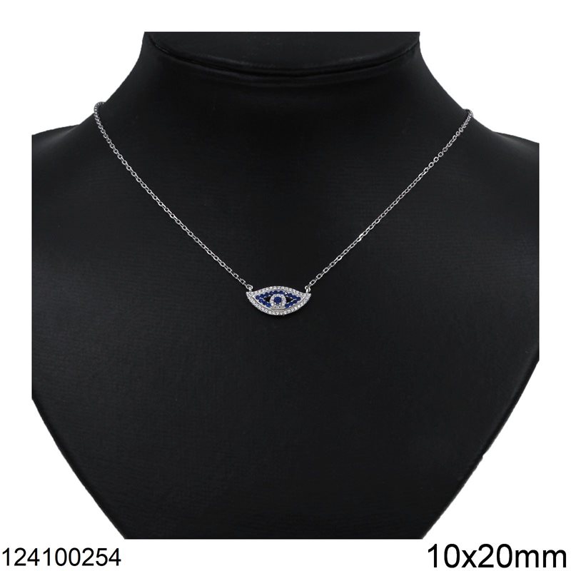 Silver 925 Necklace Evil Eye with Zircon 10x20mm, Rhodium Plated