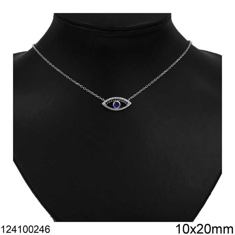 Silver 925 Necklace Evil Eye with Zircon and Blue Stones 10x20mm, Rhodium Plated