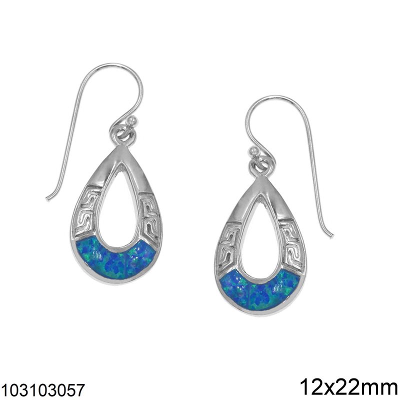 Silver 925 Pearshape Hook Earrings with Meander and Opal 12x22mm