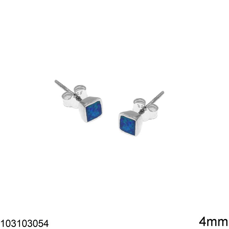 Silver 925 Square Stud Earrings with Opal 4mm