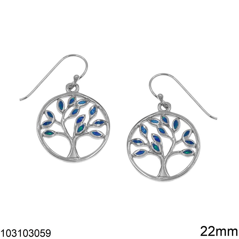 Silver 925 Hook Earrings Tree in Hoop with Opal 22mm