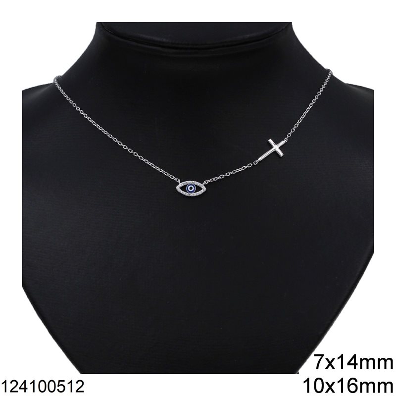 Silver 925 Necklace Evil Eye with Zircon 7x14mm and Cross 10x16mm, Rhodium Plated