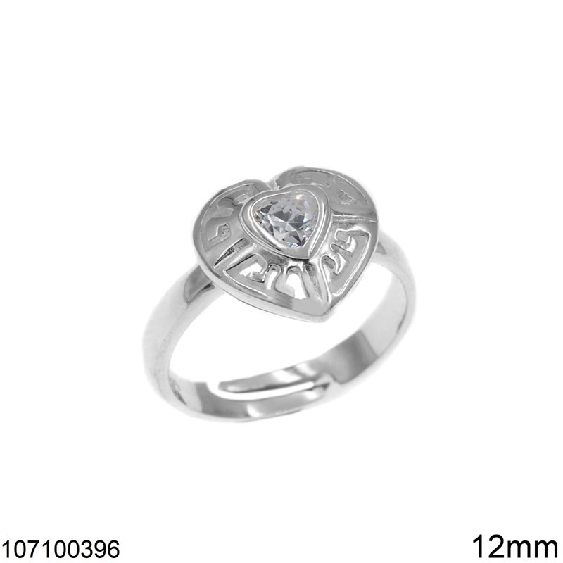 Silver 925 Ring Heart with Zircon and Meander Open 12mm