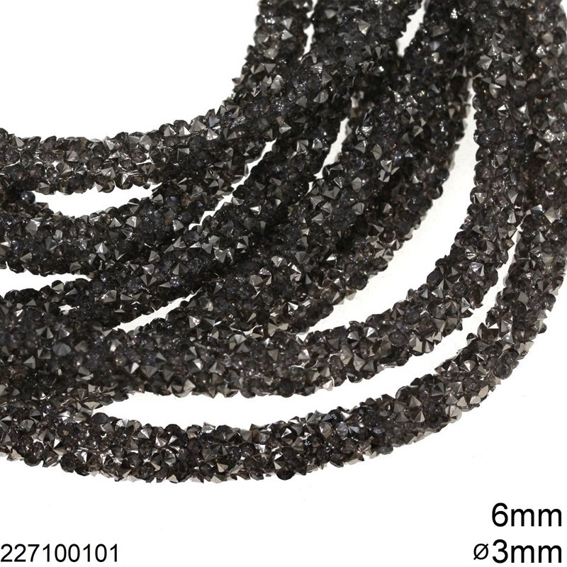 Rubber Cord with Rhinestones 6mm and Hole 3mm, Hematite Color