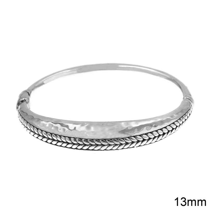 Silver 925 Cuff Hammered Bracelet with Leaves 13mm