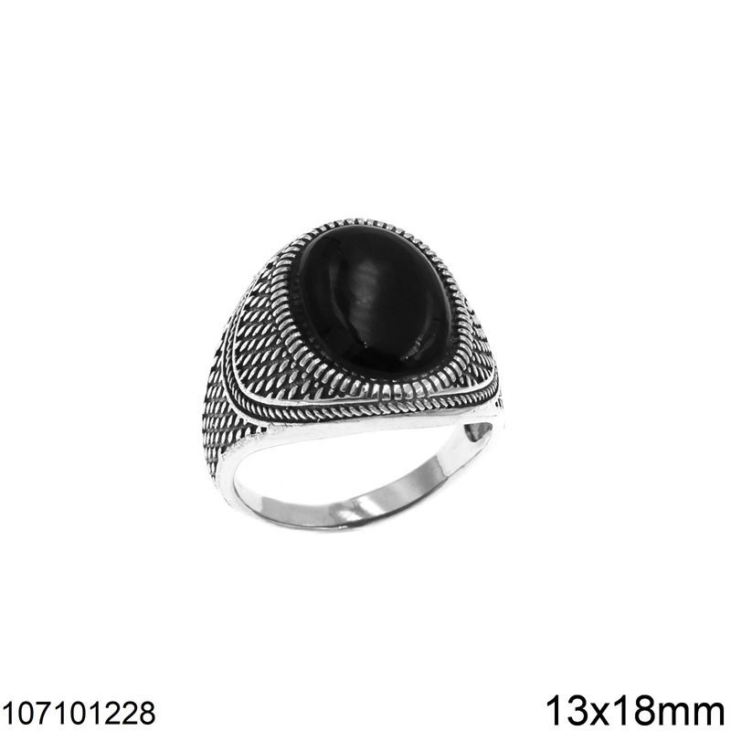 Silver 925 Male Ring Oval Onyx with Design 13x18mm