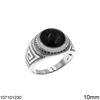 Silver 924 Male Ring Round Onyx with Design 10mm