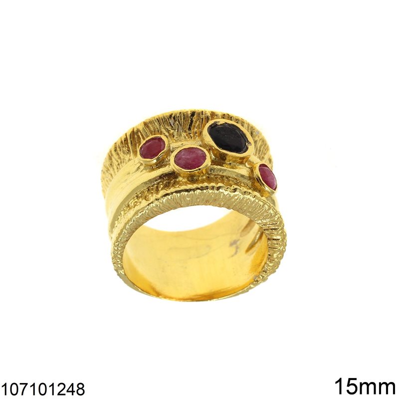 Δαχτυλίδι Ασημένιο 925 Βέρα με Στρογγυλές Ημιπολύτιμες Πέτρες 15mm, Επίχρυσο
