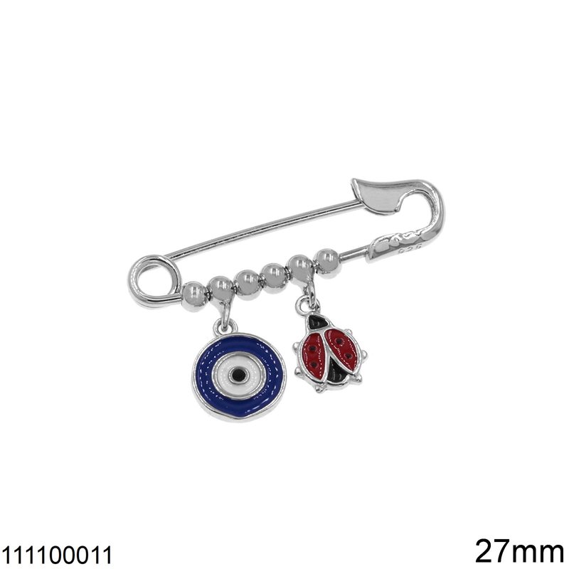 Silver 925 Safety Pin with Evil Eye and Lad Bug with Enamel 27mm, Rhodium Plated