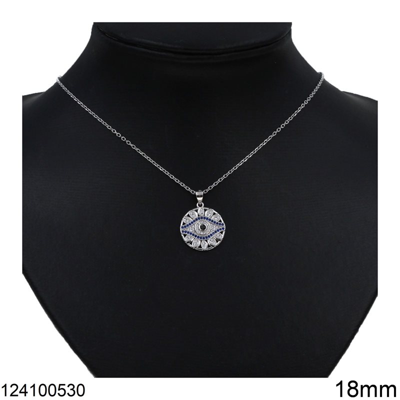 Silver 925 Necklace Evil Eye Disk with Zircon 18mm, Rhodium Plated