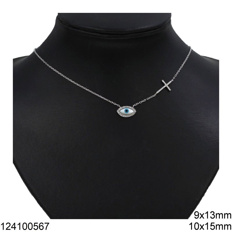 Silver 925 Necklace Evil Eye Shell and Zircon 9x13mm and Cross with Zircon 10x15mm