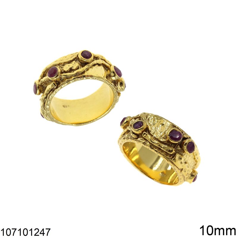 Δαχτυλίδι Ασημένιο 925 Βέρα Σφυρήλατη με Πέτρες Ρουμπίνι 10mm