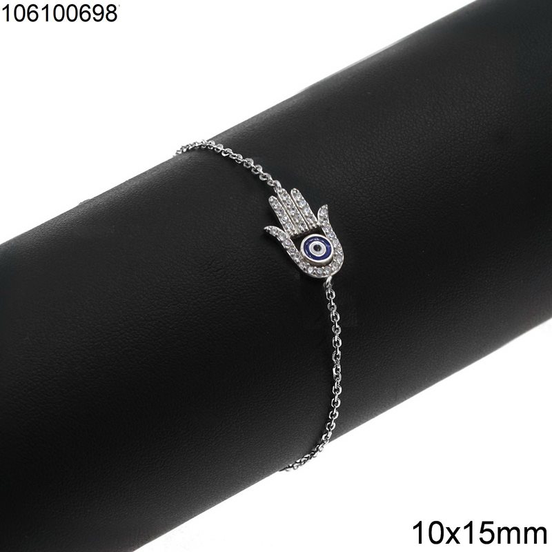 Silver 925 Bracelet Hamsa with Zircon and Evil Eye Enamel 10x15mm