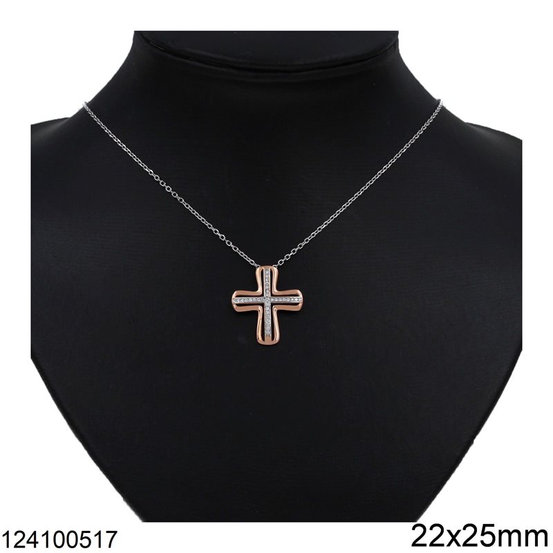 Silver 925 Necklace Double Cross with Zircon 22x25mm, Rose Gold
