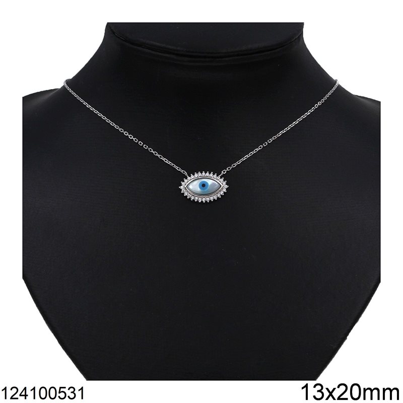 Silver 925 Necklace Evil Eye with Zircon and Shell 13x20mm, Rhodium Plated