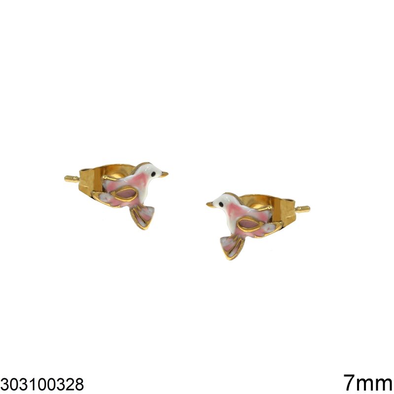 Stainless Steel Stud Earrings Swallow with Enamel 7mm, Gold