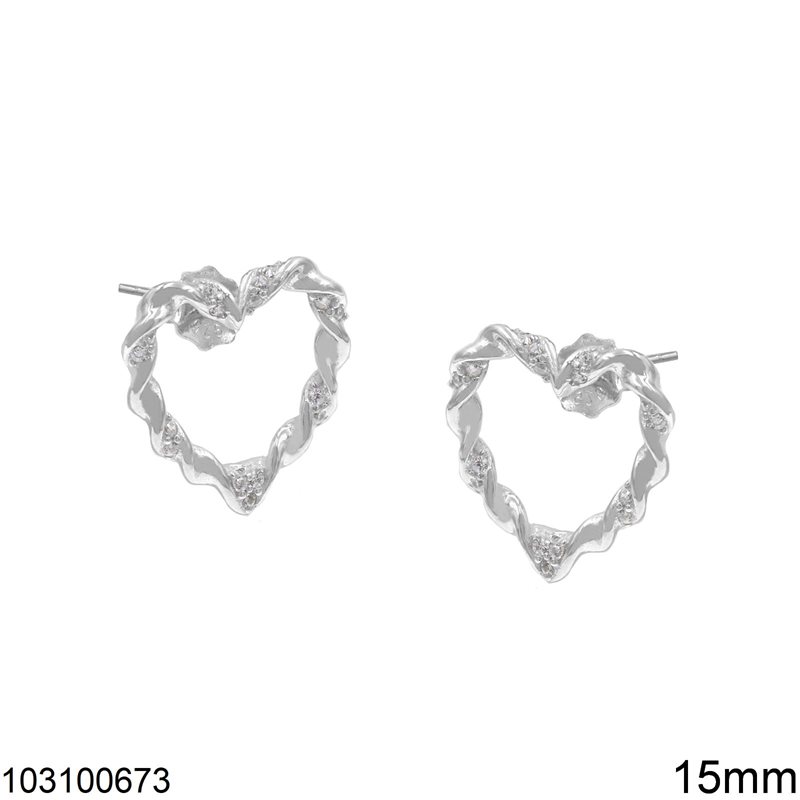 Silver 925 Stud Earrings Twisted Heart with Stones 15mm, Rhodium Plated